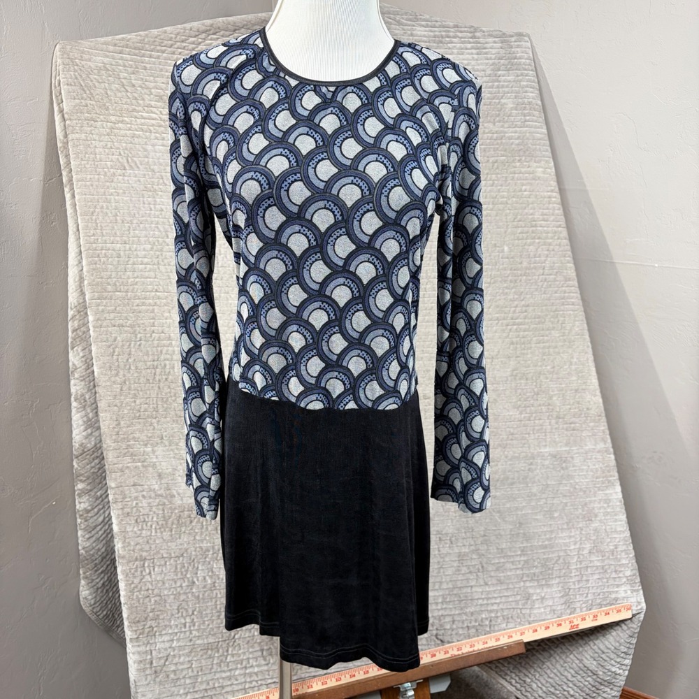 Reza Vintage Art Deco Scallop Print Long Sleeve Mini Dress Blue Black Large USA